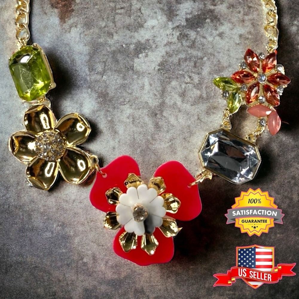 NY&CO Retro Garden Party Floral Necklace Green, Pink, Gold Rhinestone 18-21" NEW